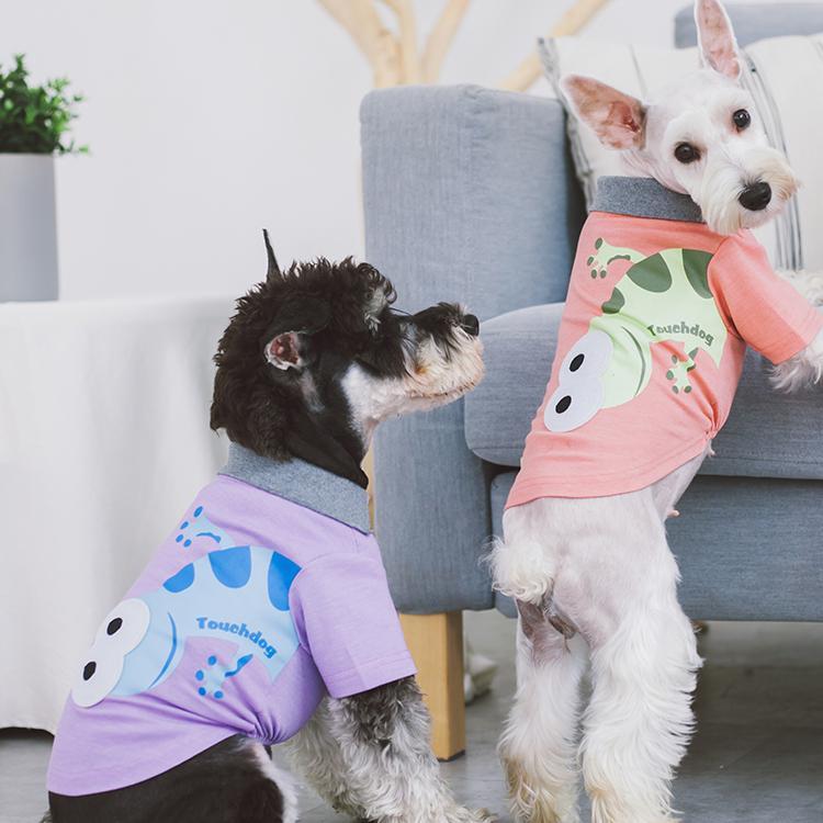 Lavender dog polo T-shirt with gray collar featuring toucan graphic, worn by a dog