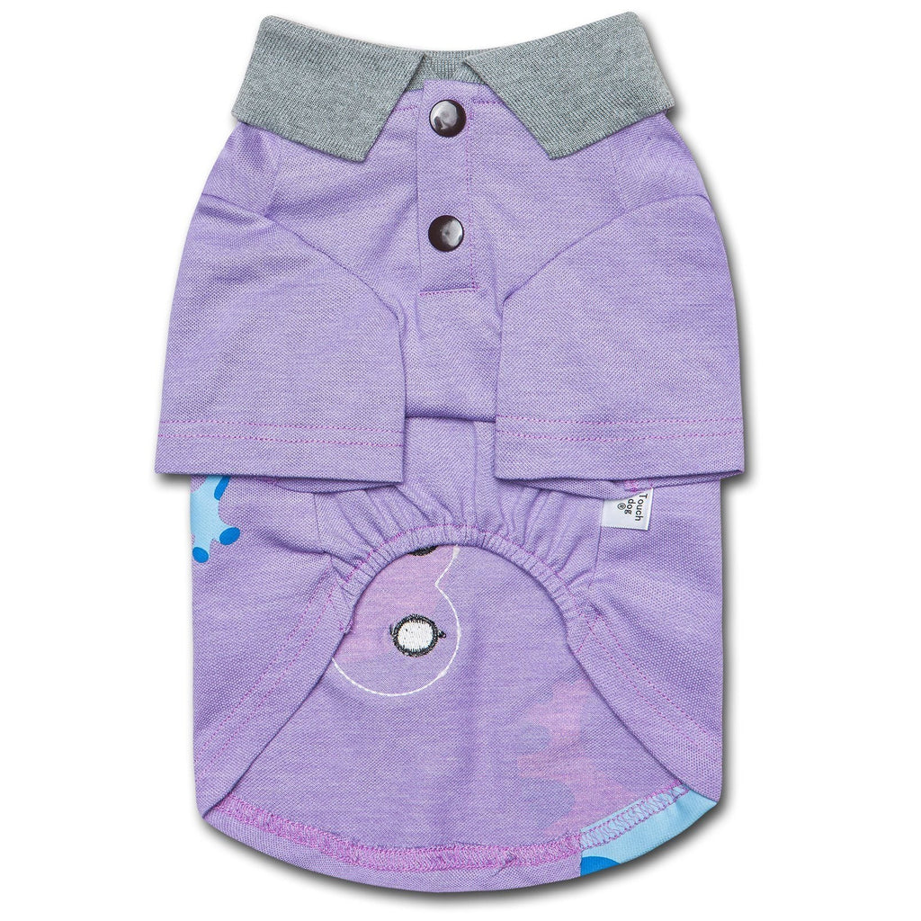 Purple dog polo shirt with gray collar, buttons, and toucan face applique