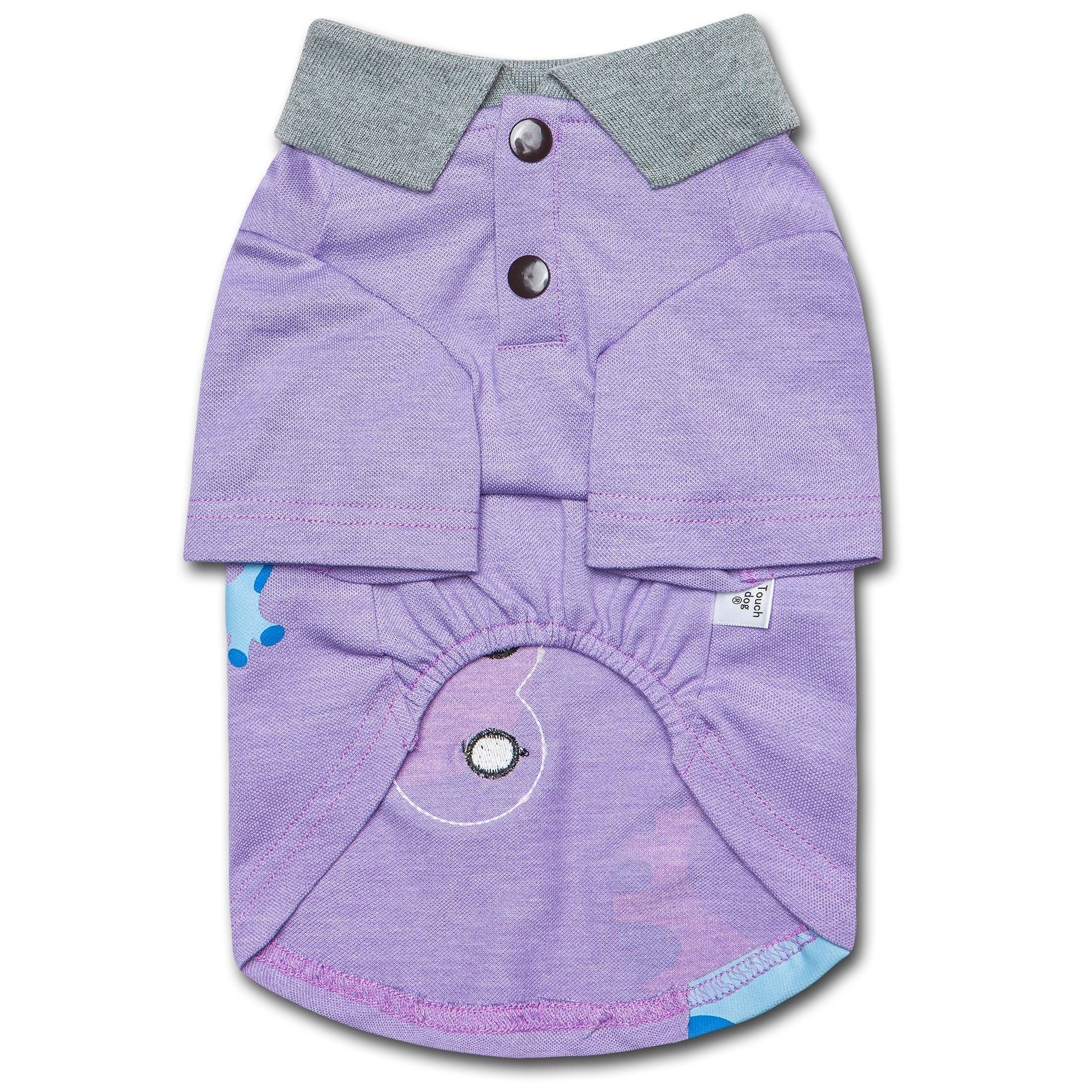 Purple dog polo shirt with gray collar, buttons, and toucan face applique