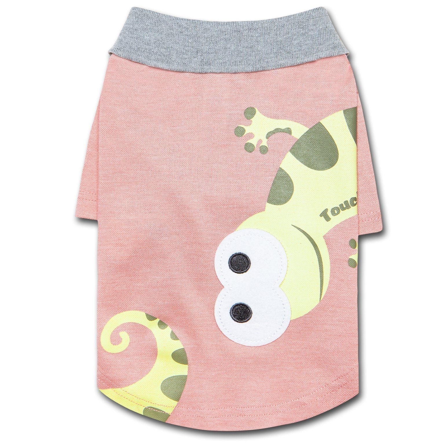 Peach dog polo T-shirt with gray collar and large toucan graphic on back