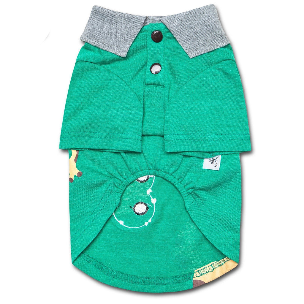 Green dog polo shirt with gray collar, button placket, and embroidered cartoon patch