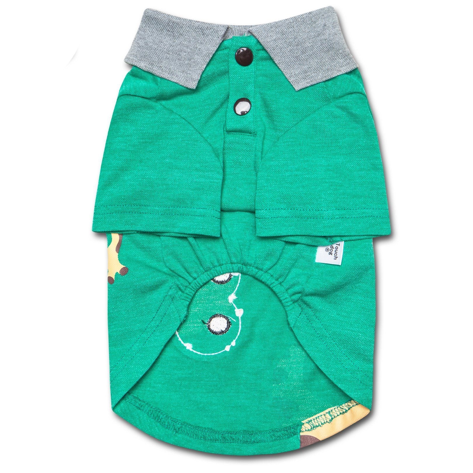 Green dog polo shirt with gray collar, button placket, and embroidered cartoon patch