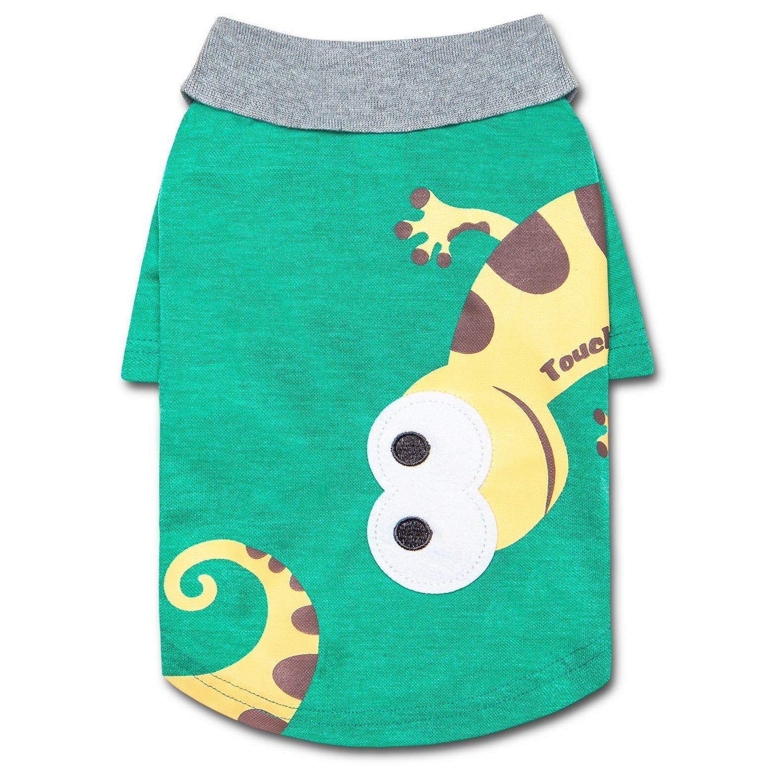 Green dog polo T-shirt with gray collar and toucan face graphic on front