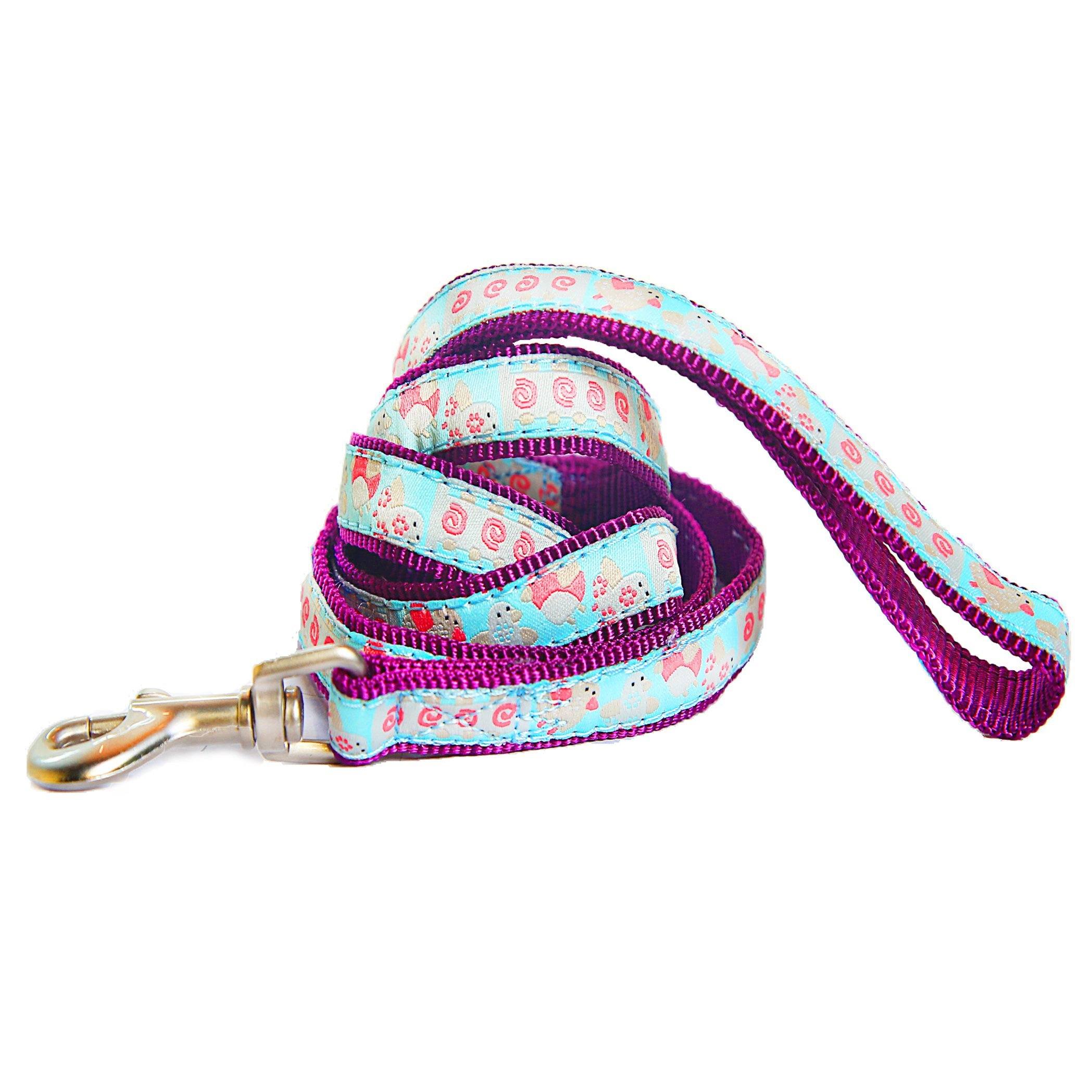Blue patterned leash with purple trim and metal clip, padded handle