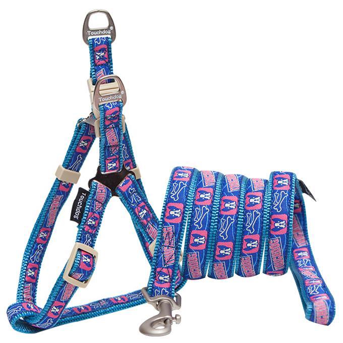 Blue dog harness with bone-themed pattern, padded straps, and metal leash clip