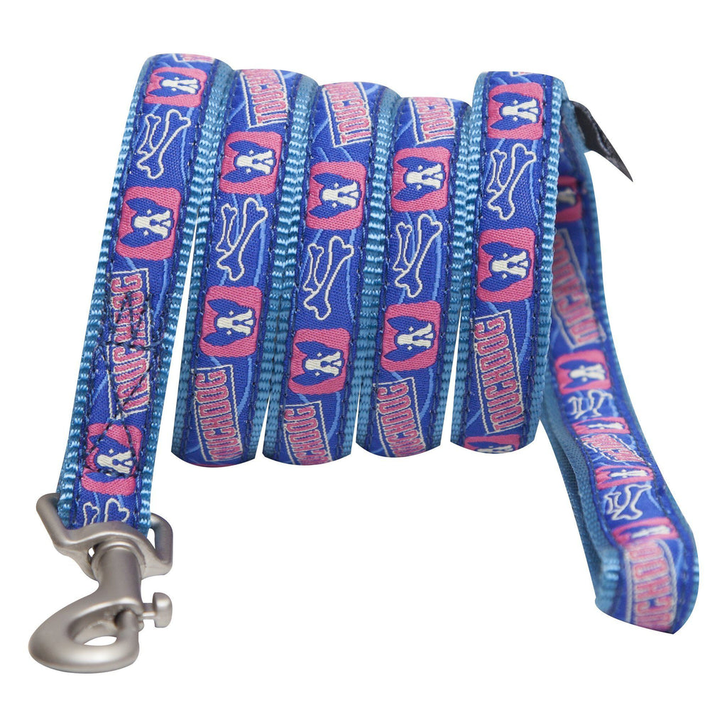 Blue bone-patterned harness webbing with stitched edges and metal front clip