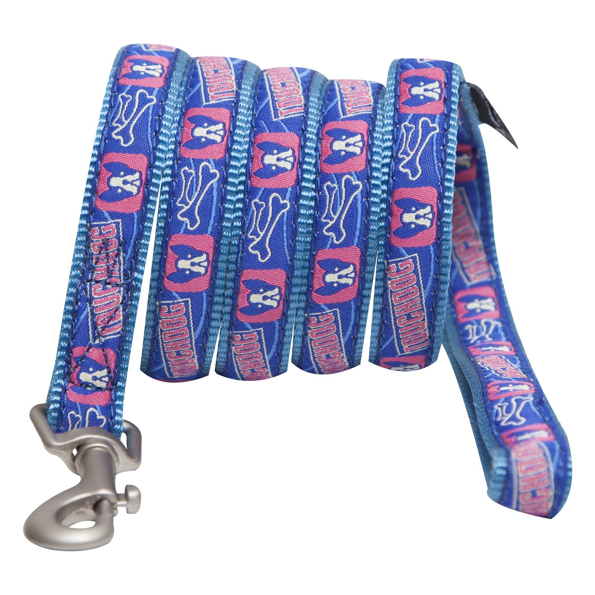 Blue bone-patterned harness webbing with stitched edges and metal front clip