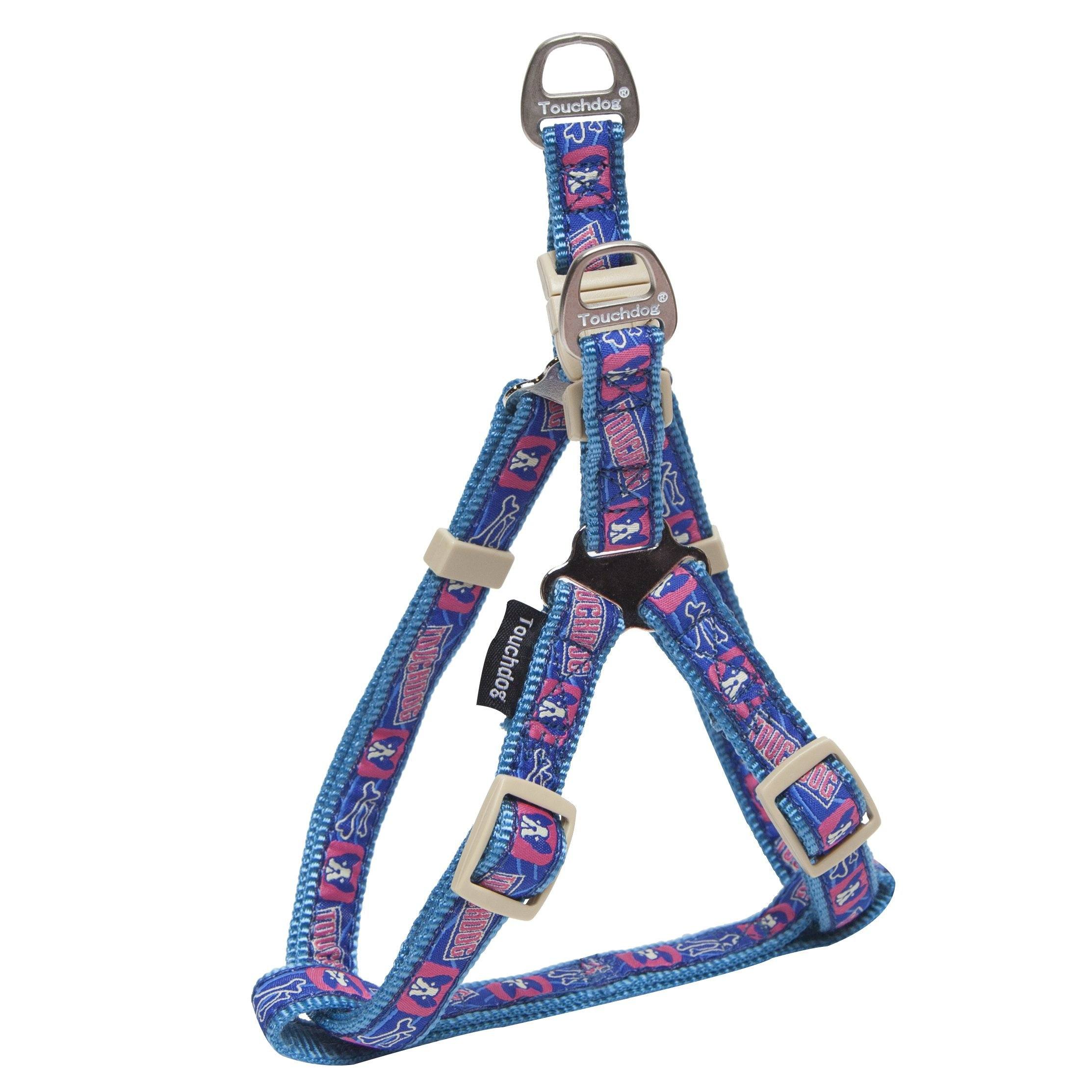 Blue step-in style dog harness with bone pattern and two adjustable buckles