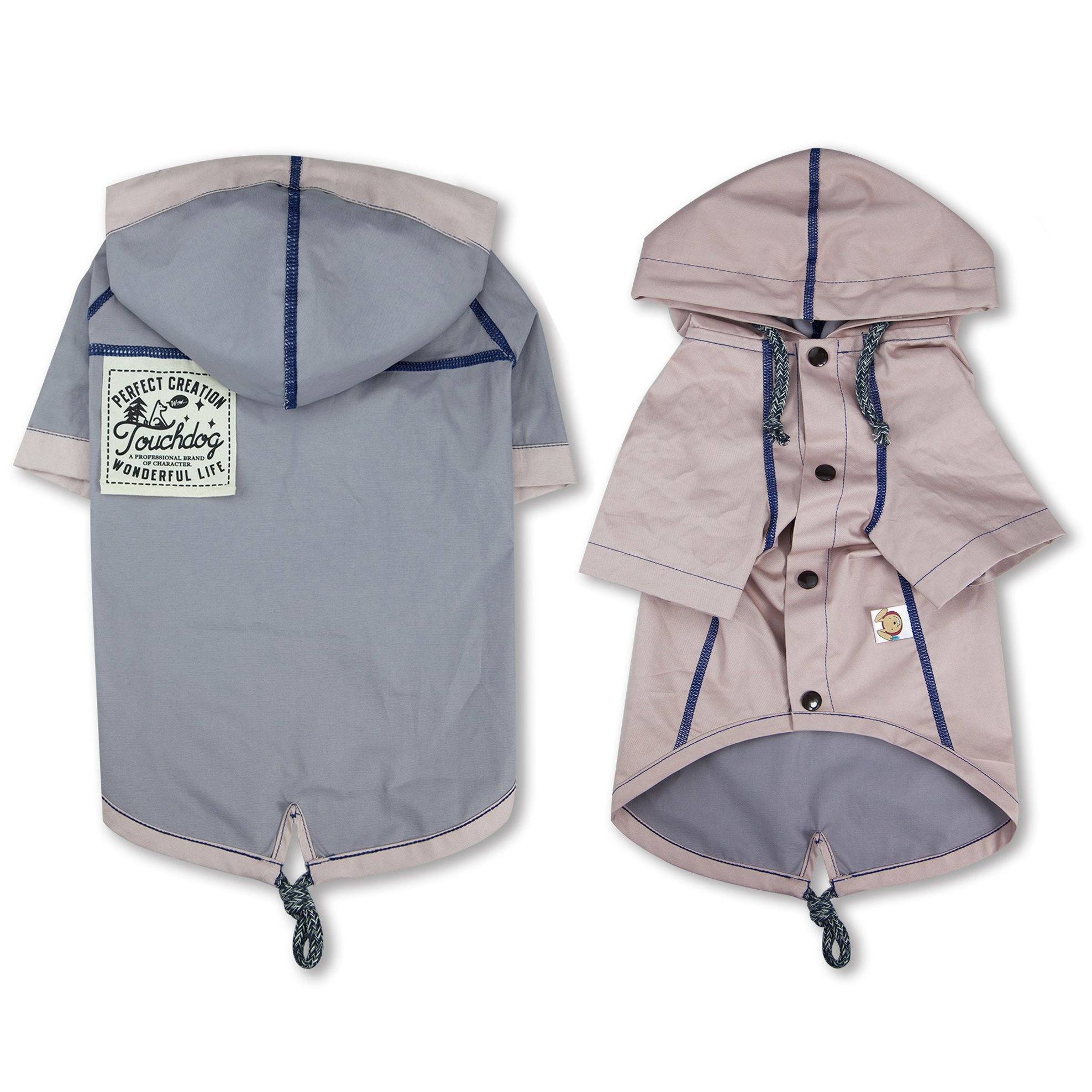 Reversible hooded dog raincoat: light gray side and pink side with blue trim and snaps