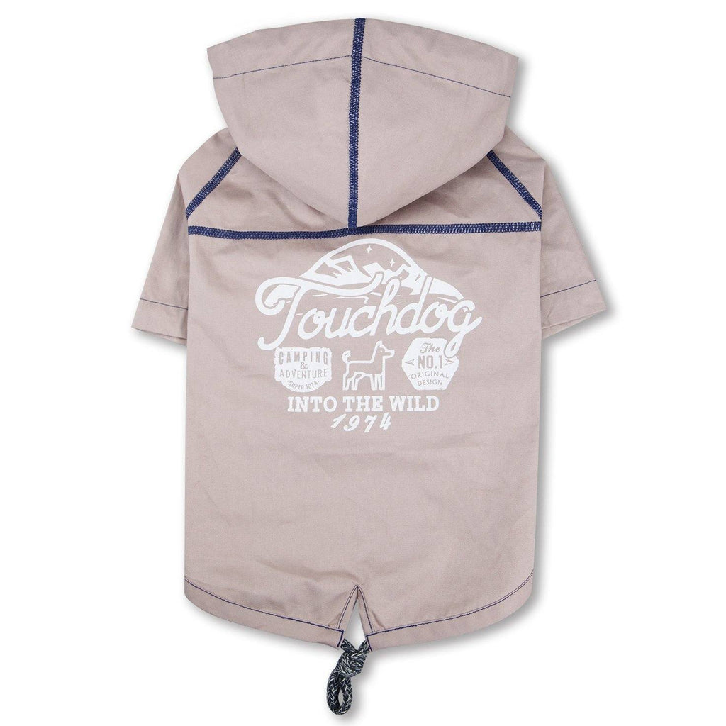 Khaki reversible dog raincoat with hood and blue trim, “Touchdog” logo on chest