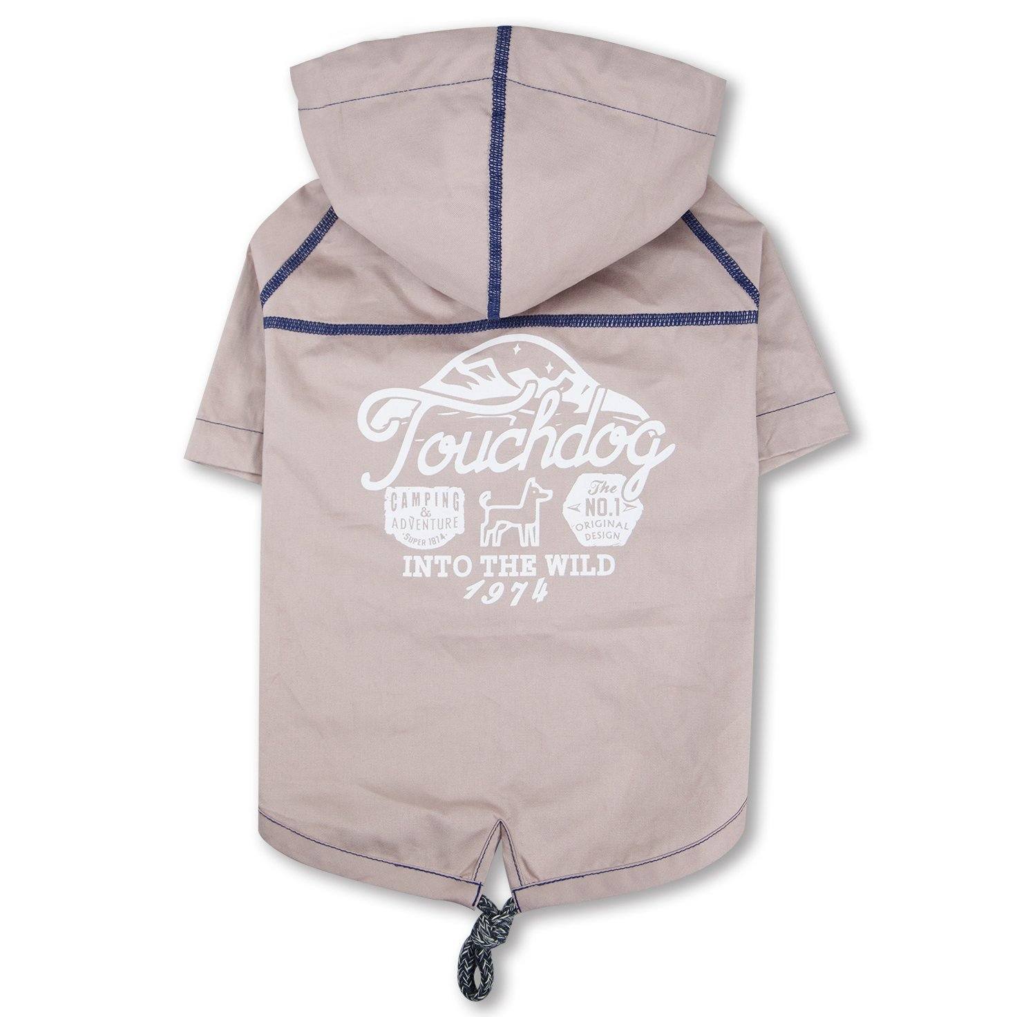 Khaki reversible dog raincoat with hood and blue trim, “Touchdog” logo on chest
