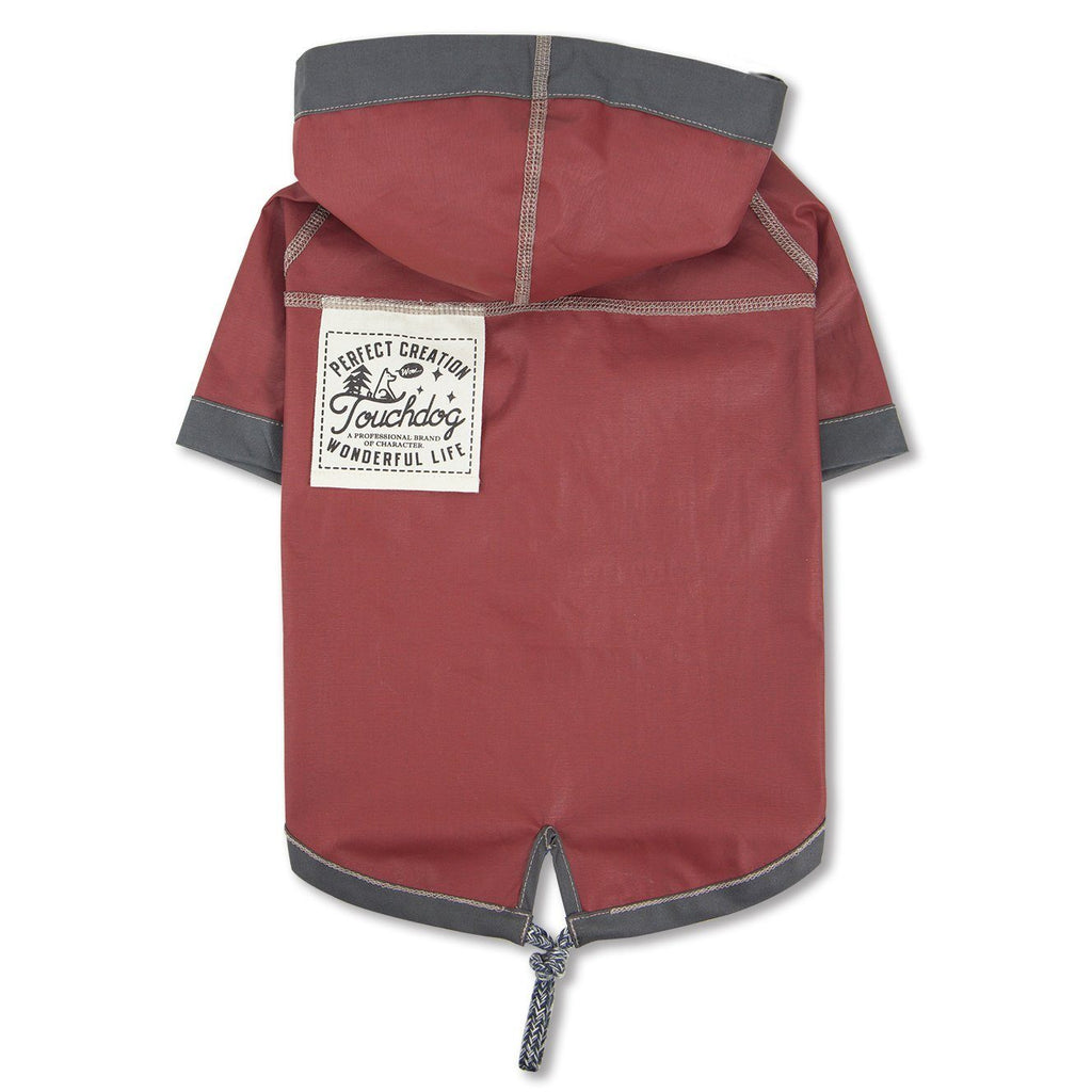Burgundy reversible waterproof dog raincoat, hood with gray trim and front tag label