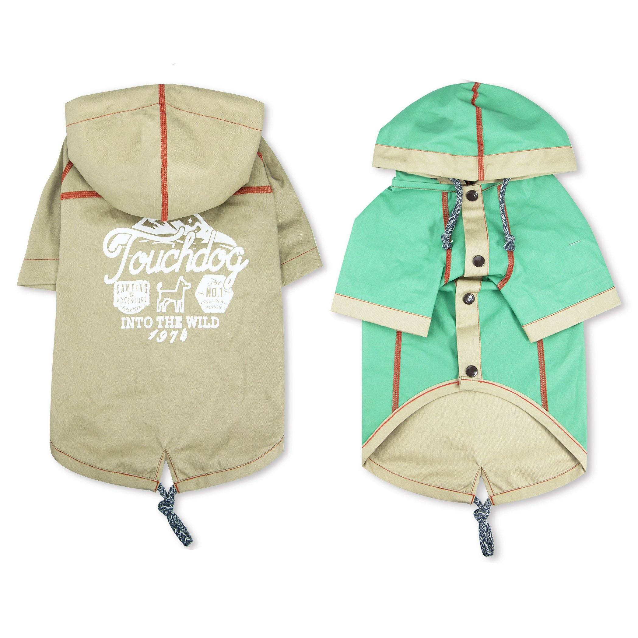 Reversible hooded dog raincoat: beige/khaki side and green side with red trim and snaps