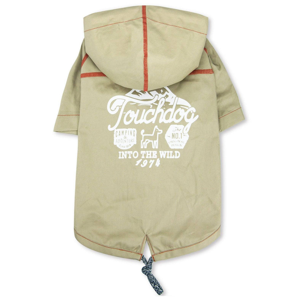 Khaki reversible dog raincoat, hooded waterproof shell with logo print