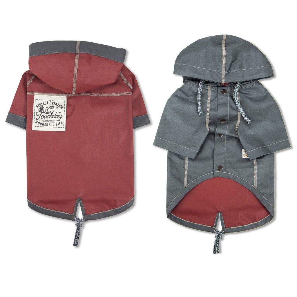 Reversible waterproof dog raincoat in burgundy and gray, hooded with logo label