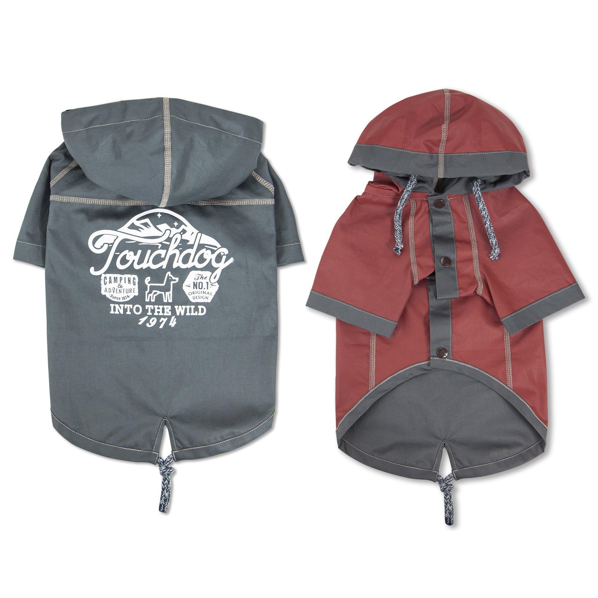 Two-view reversible waterproof dog raincoats: gray and burgundy, hooded with drawstring