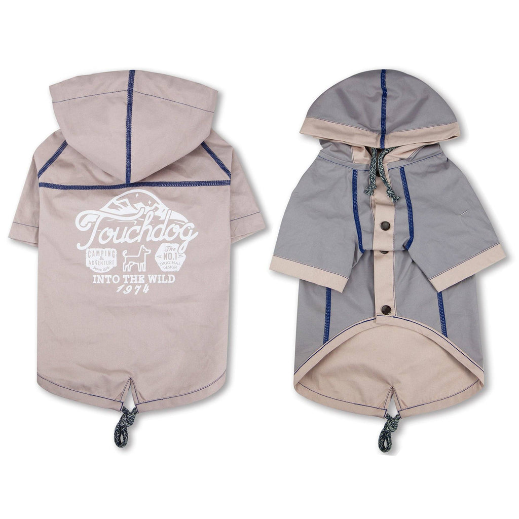 Khaki reversible hooded dog raincoat with blue trim, front snap placket, drawstring ties