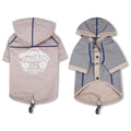 Khaki reversible hooded dog raincoat with blue trim, front snap placket, drawstring ties