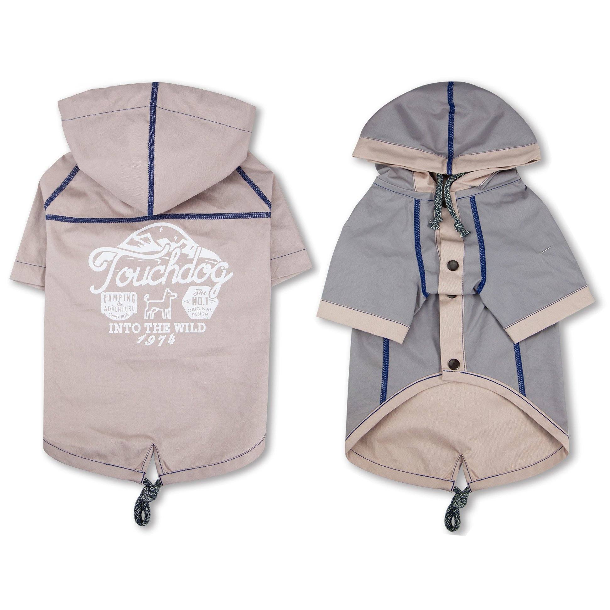 Khaki reversible hooded dog raincoat with blue trim, front snap placket, drawstring ties