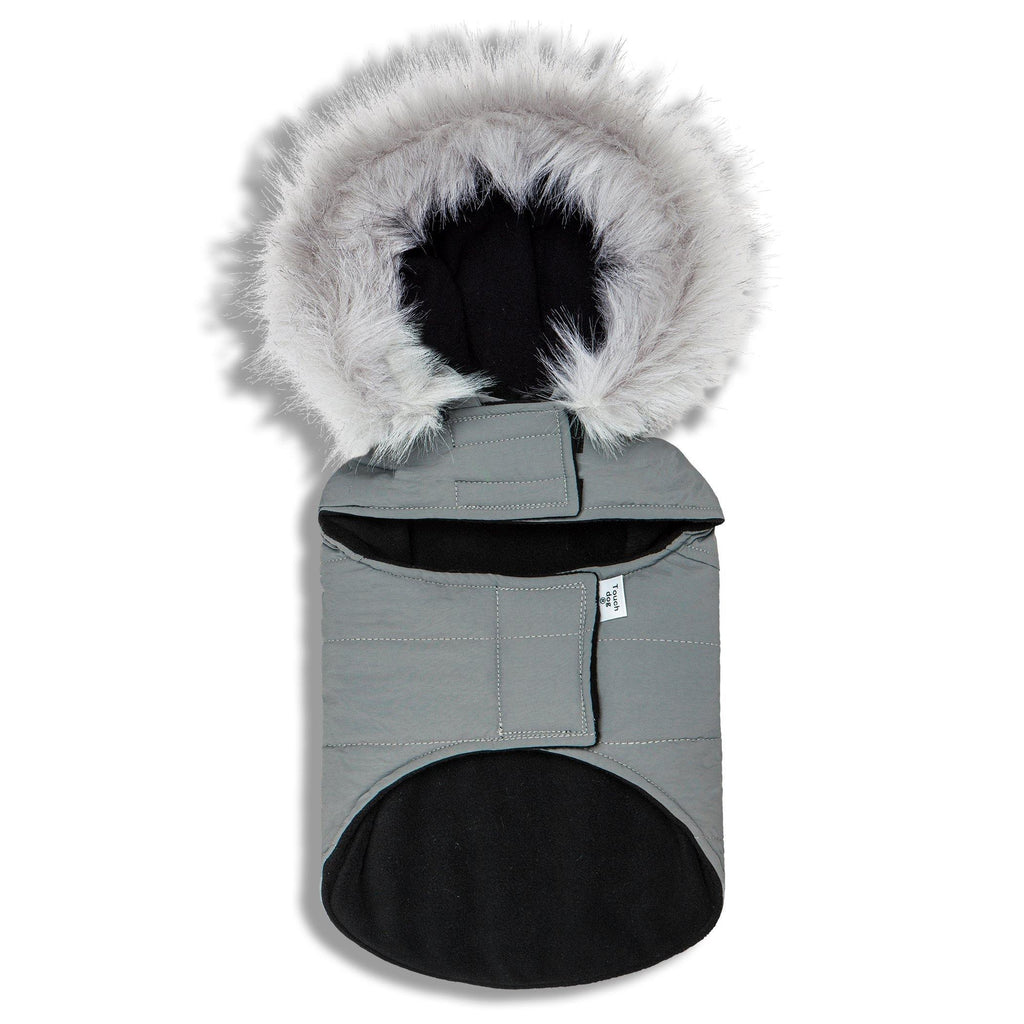 Gray insulated dog coat with faux-fur hood, black inner lining at neck opening