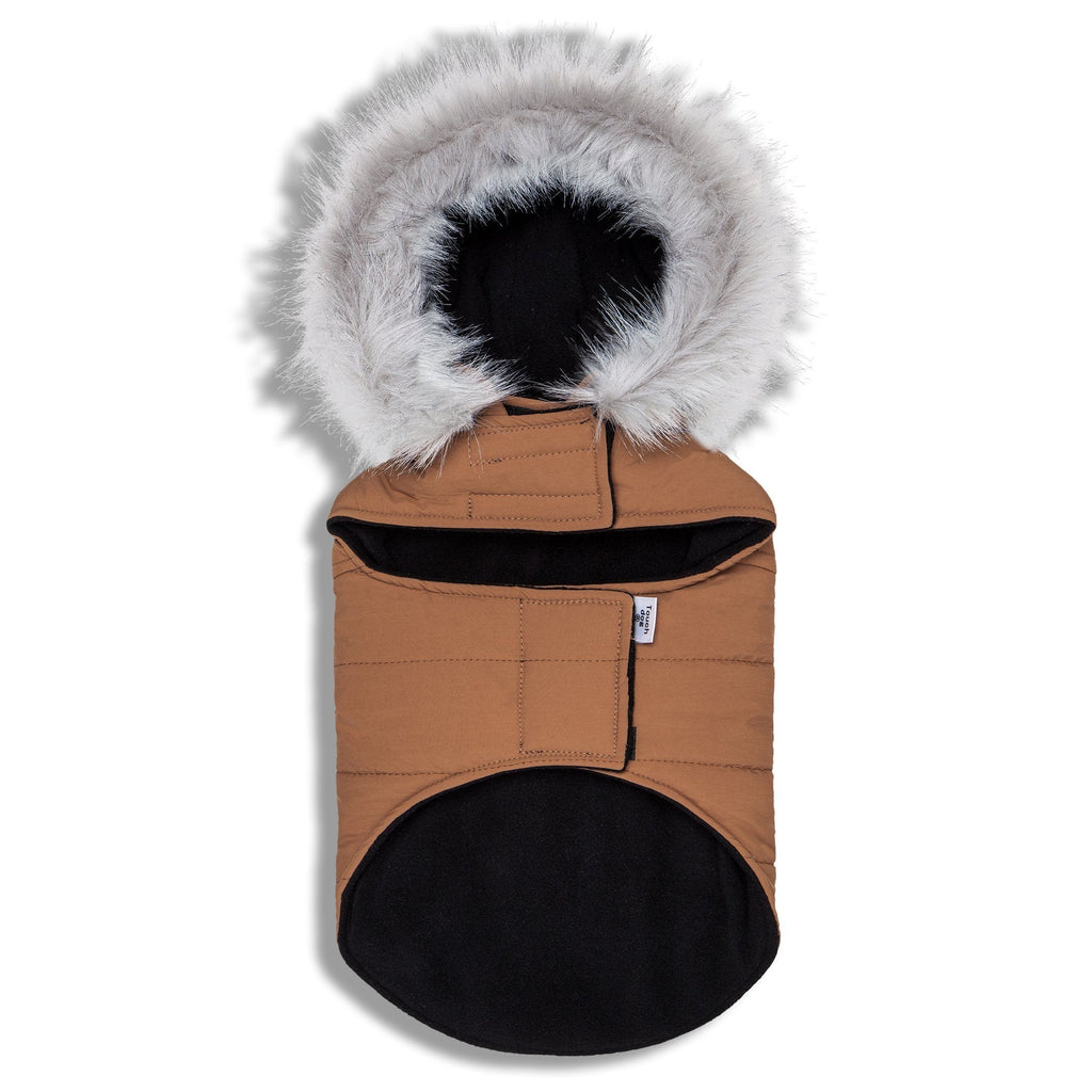 Brown duck-down dog parka with faux-fur hood and black inner lining