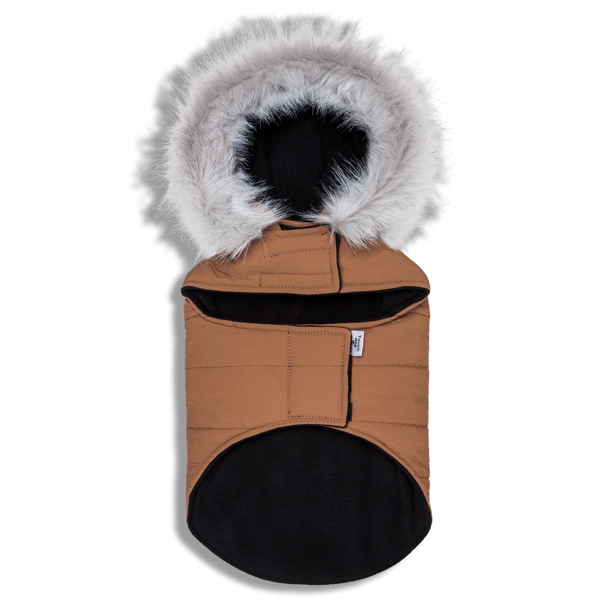 Brown duck-down dog parka with faux-fur hood and black inner lining