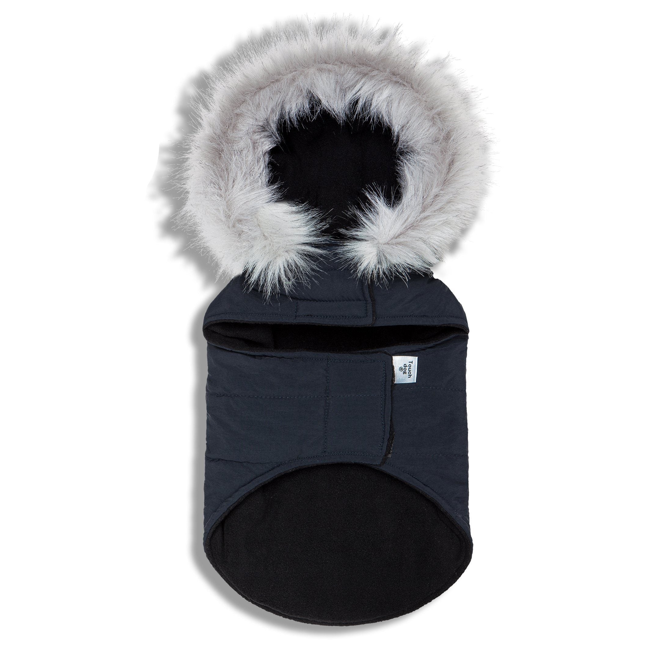 Navy insulated dog parka with faux-fur hood and front panel, round belly opening