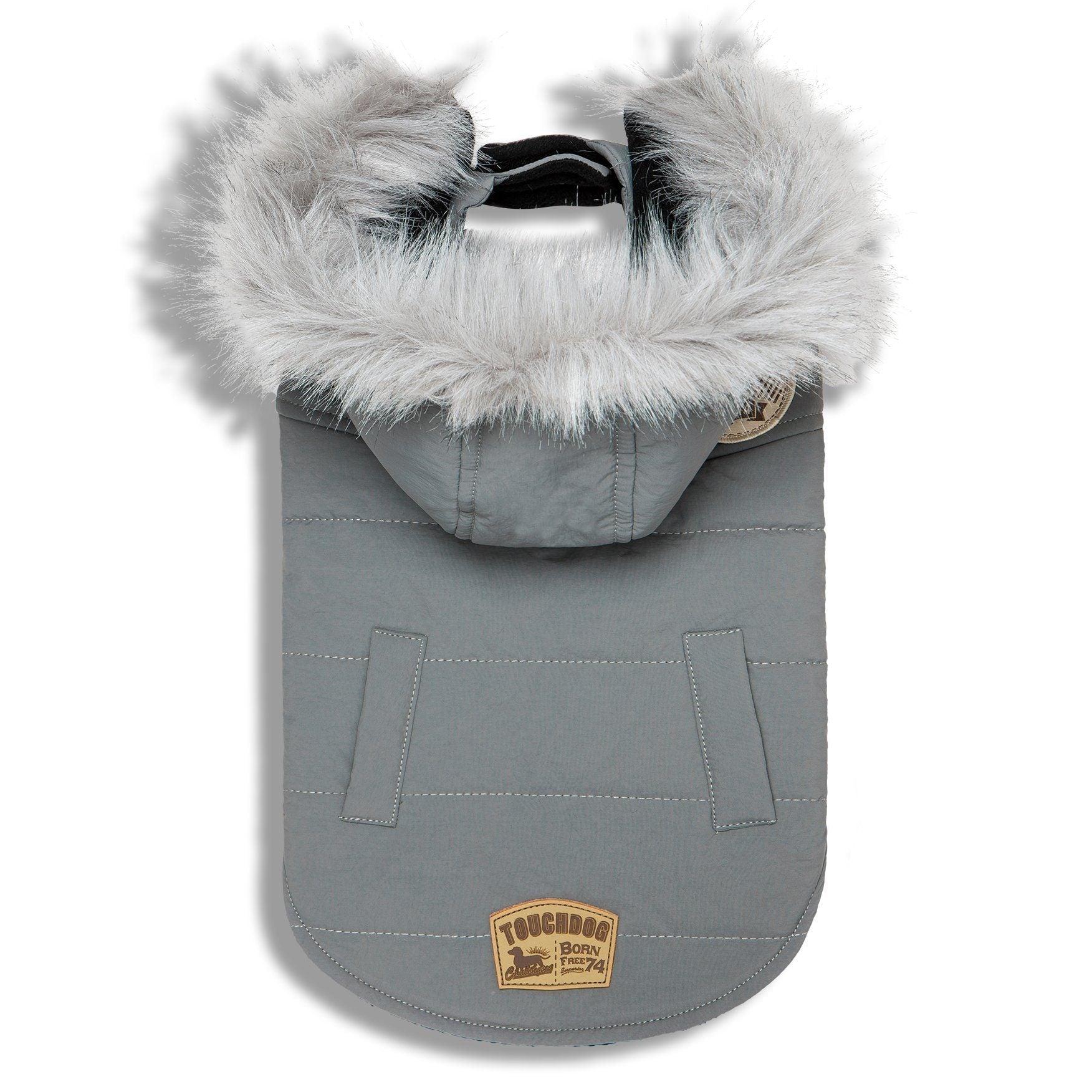 Gray duck-down dog winter coat parka with white faux-fur hood trim