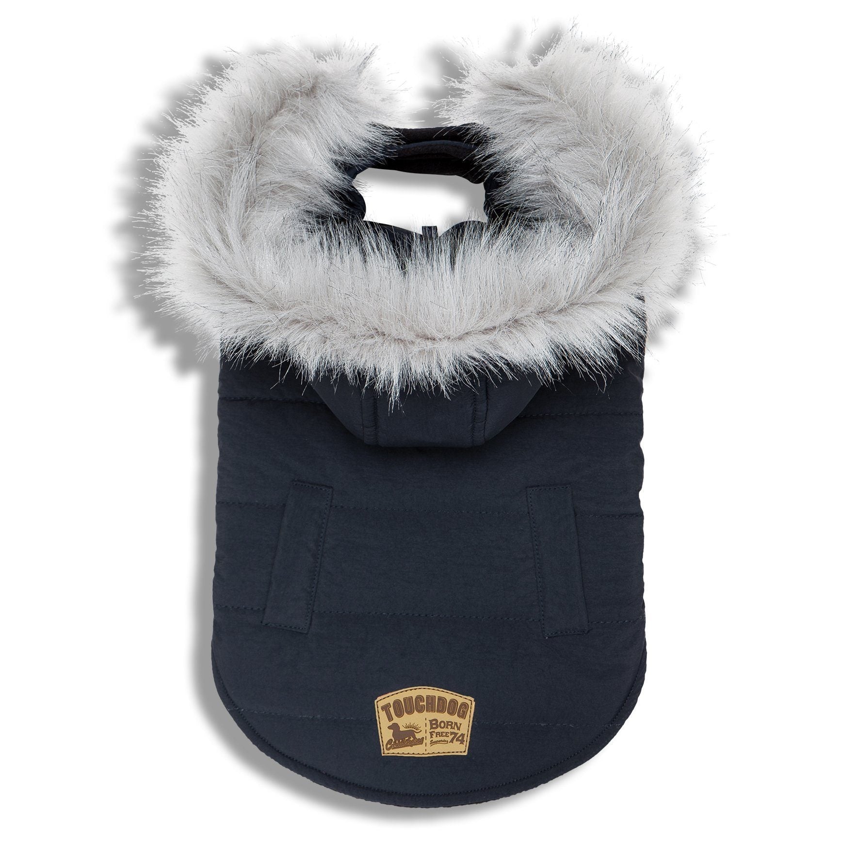 Navy insulated dog coat with faux-fur hood, back view, logo patch on hem