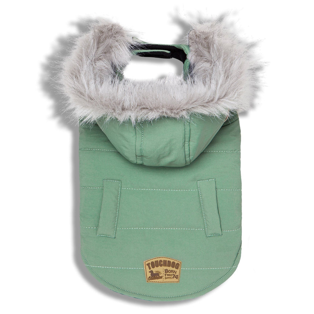 Mint green duck-down dog winter coat parka with white faux-fur hood trim