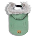 Mint green duck-down dog winter coat parka with white faux-fur hood trim