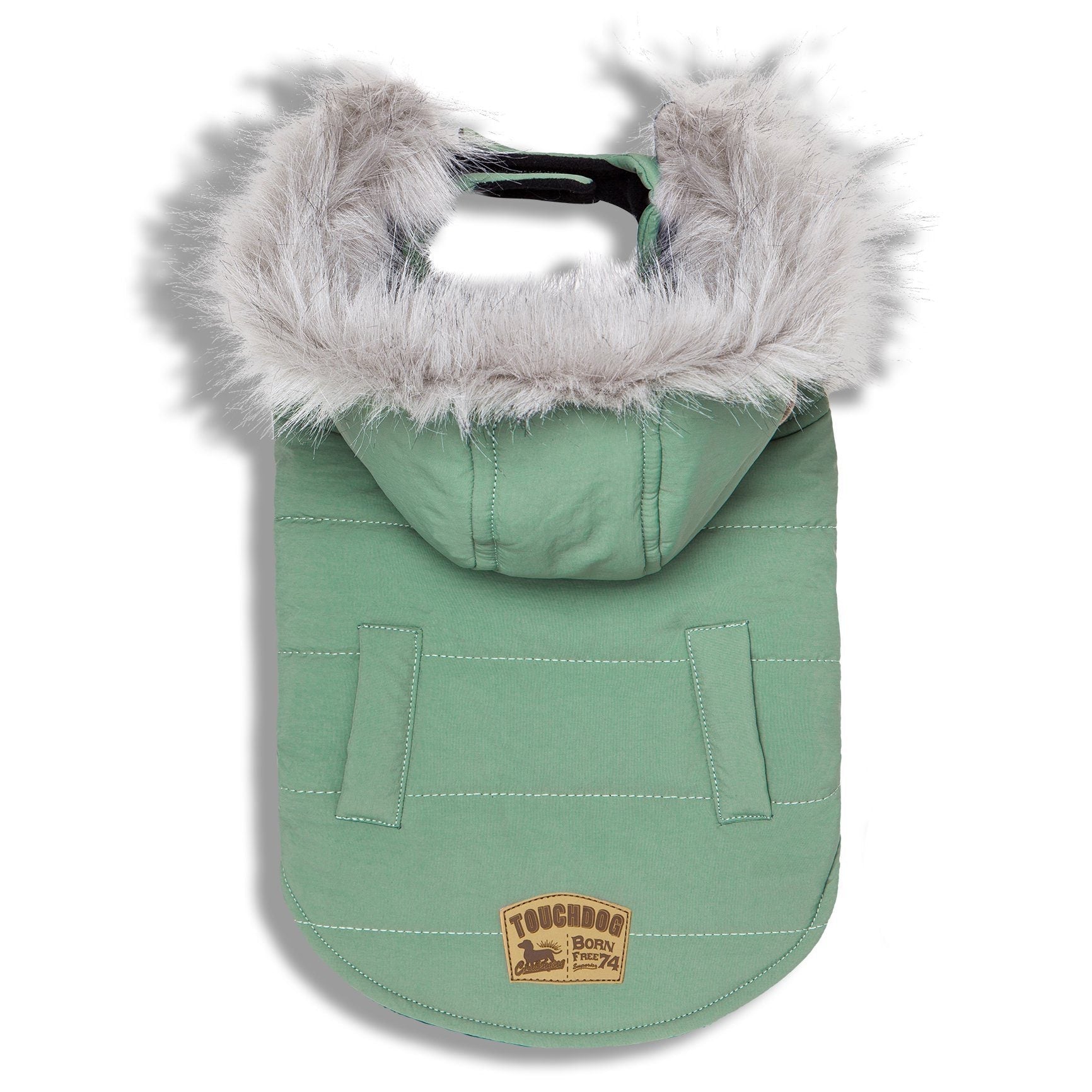 Mint green duck-down dog winter coat parka with white faux-fur hood trim