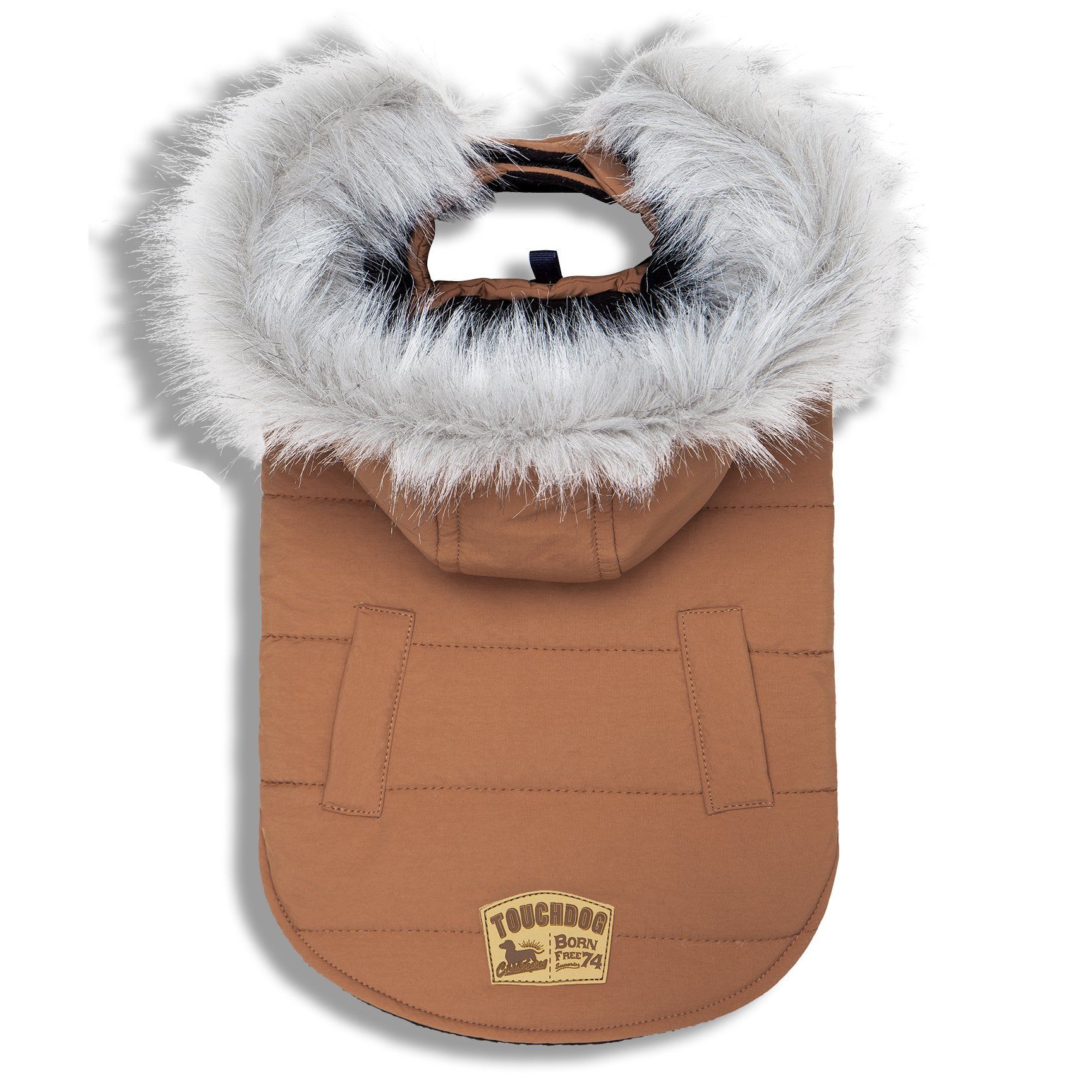 Brown duck-down dog winter coat with white faux-fur hood trim