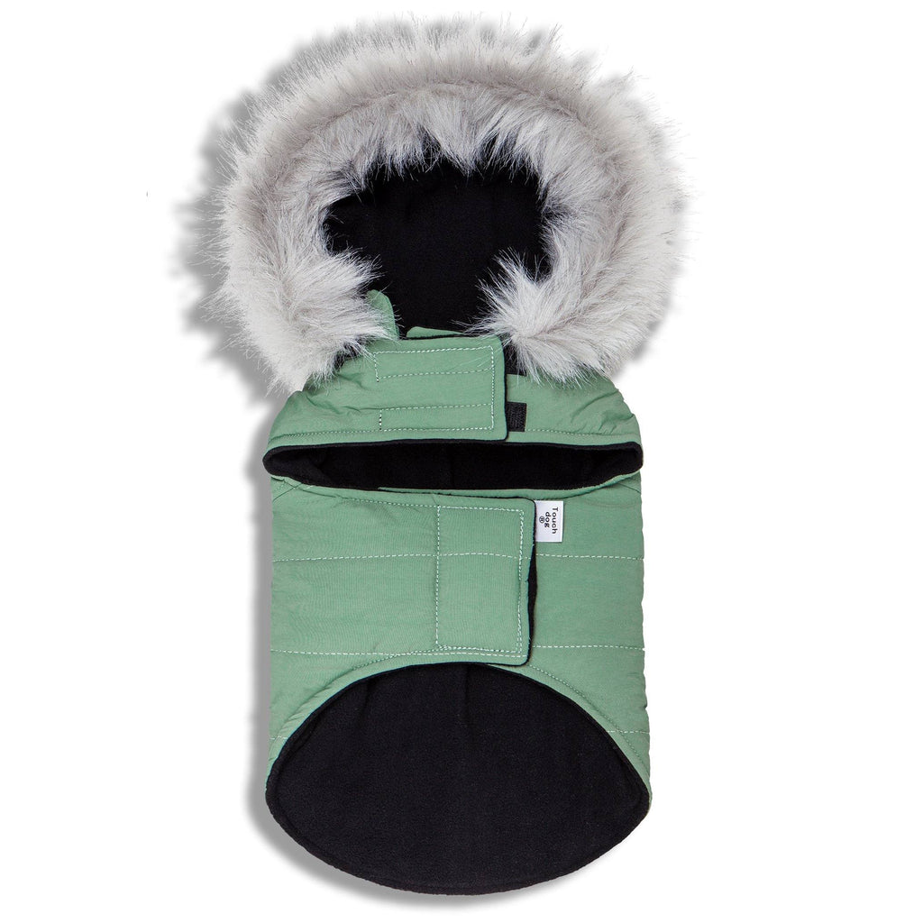 Mint green insulated dog coat with faux-fur hood and front pockets