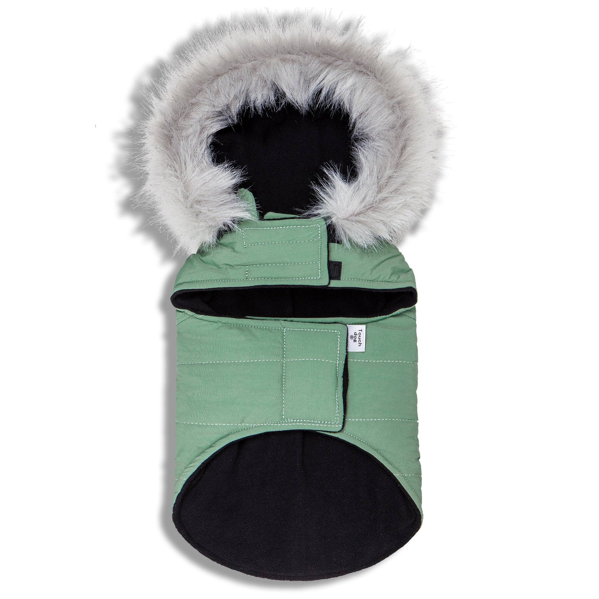 Mint green insulated dog coat with faux-fur hood and front pockets