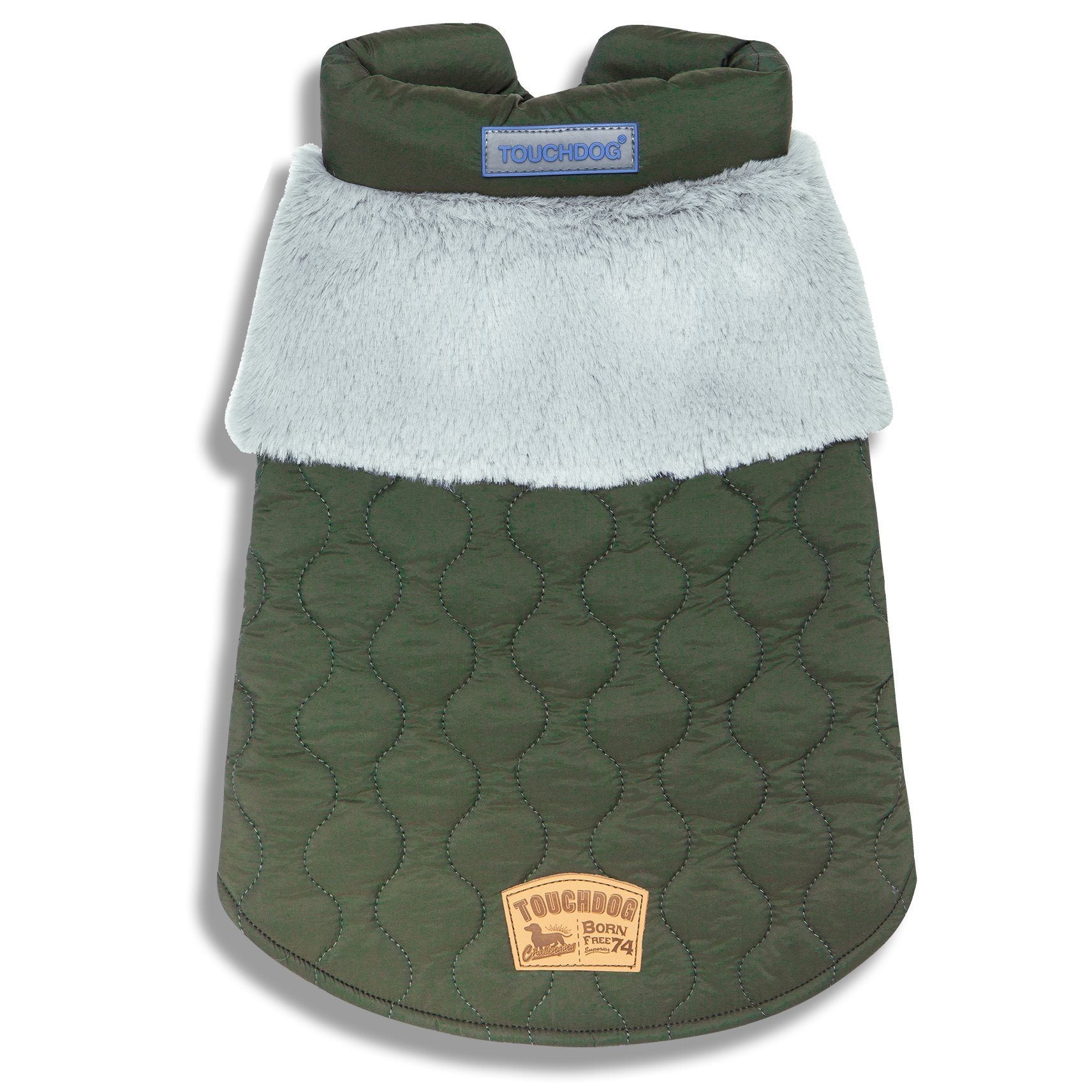 Dark green dog jacket with fluffy white sherpa trim, quilted texture, front label patch