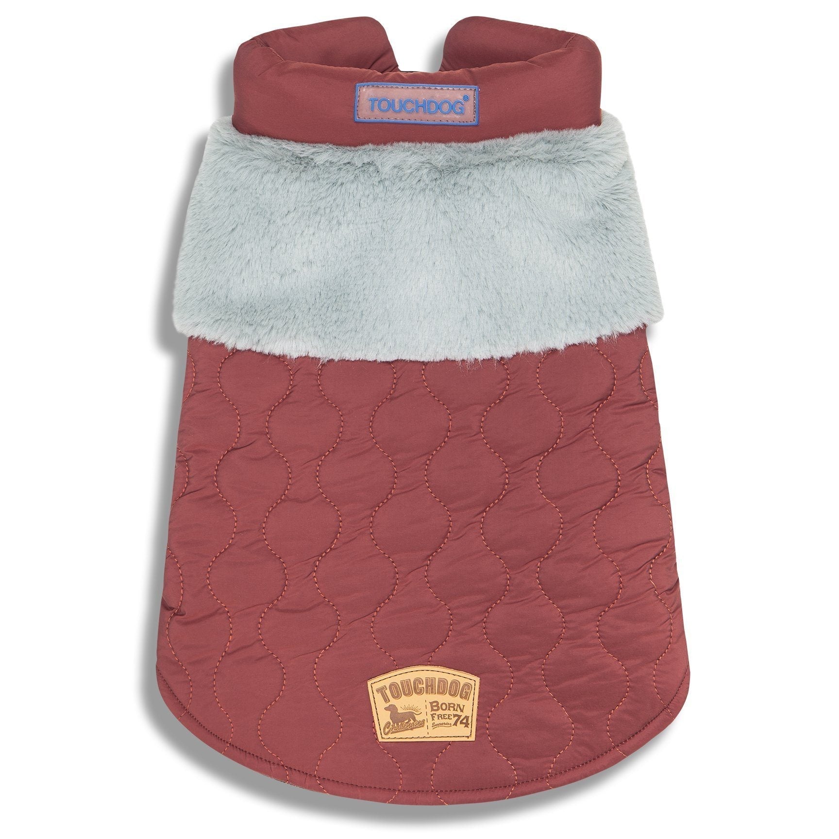 Red dog jacket with fluffy white sherpa trim, quilted pattern, button front, stitched label patch