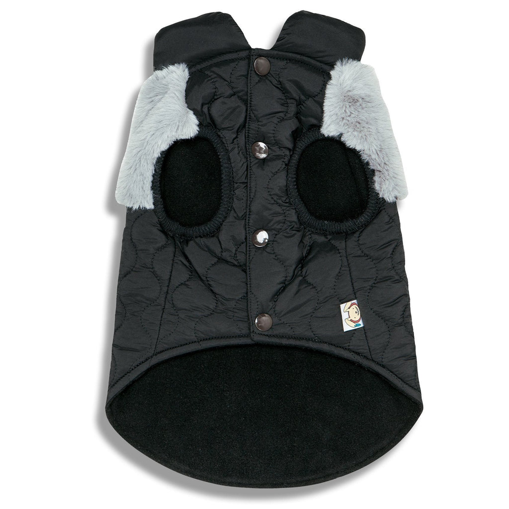 Black dog jacket back view with two-button placket, fluffy white side cuffs, round-patch design