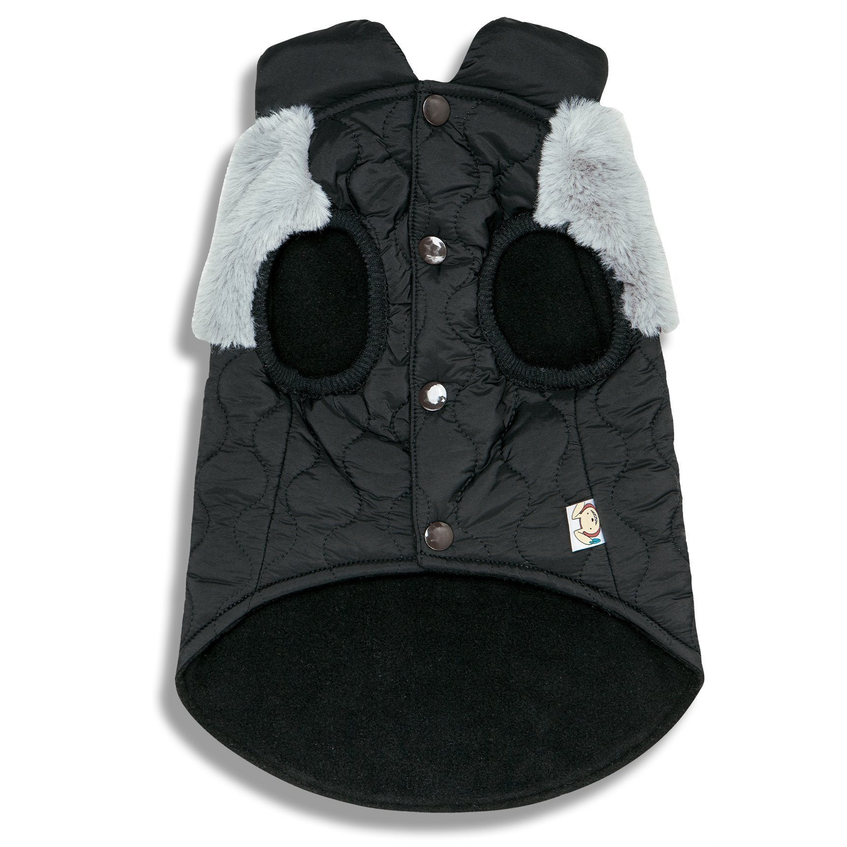 Black dog jacket back view with two-button placket, fluffy white side cuffs, round-patch design