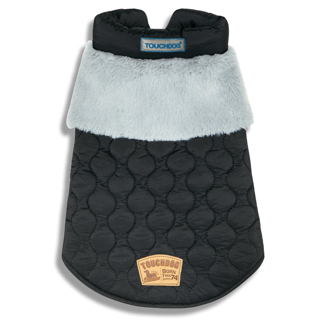 Black dog jacket with fluffy white sherpa trim, quilted shell, button front, round texture