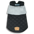 Black dog jacket with fluffy white sherpa trim, quilted shell, button front, round texture