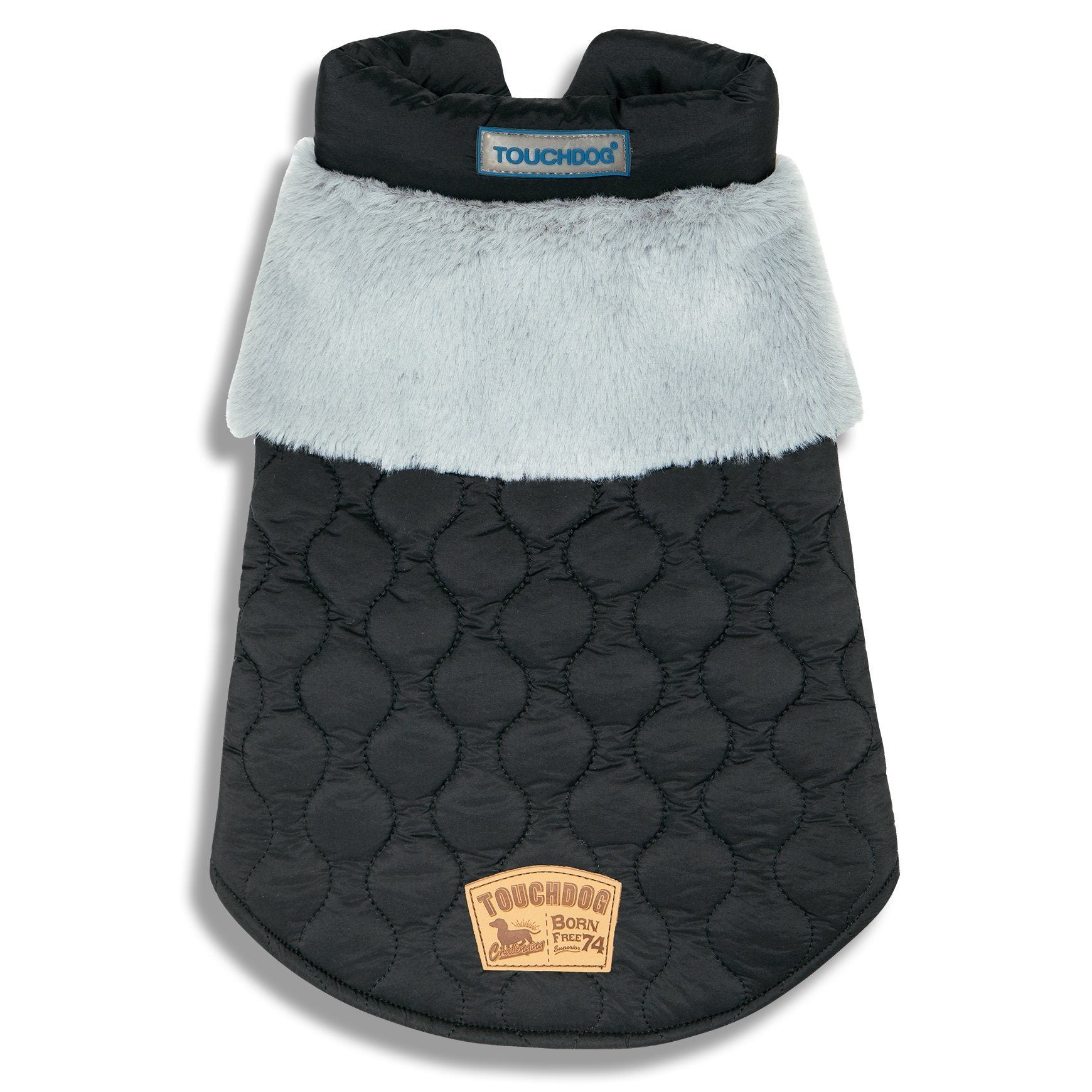 Black dog jacket with fluffy white sherpa trim, quilted shell, button front, round texture