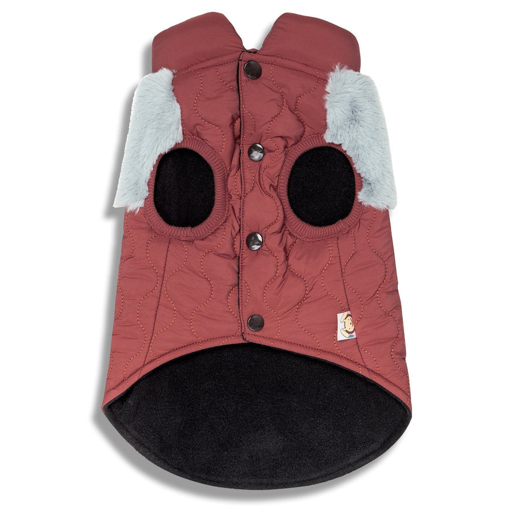 Red dog jacket back view with fluffy white side cuffs, round elbow patches, button placket