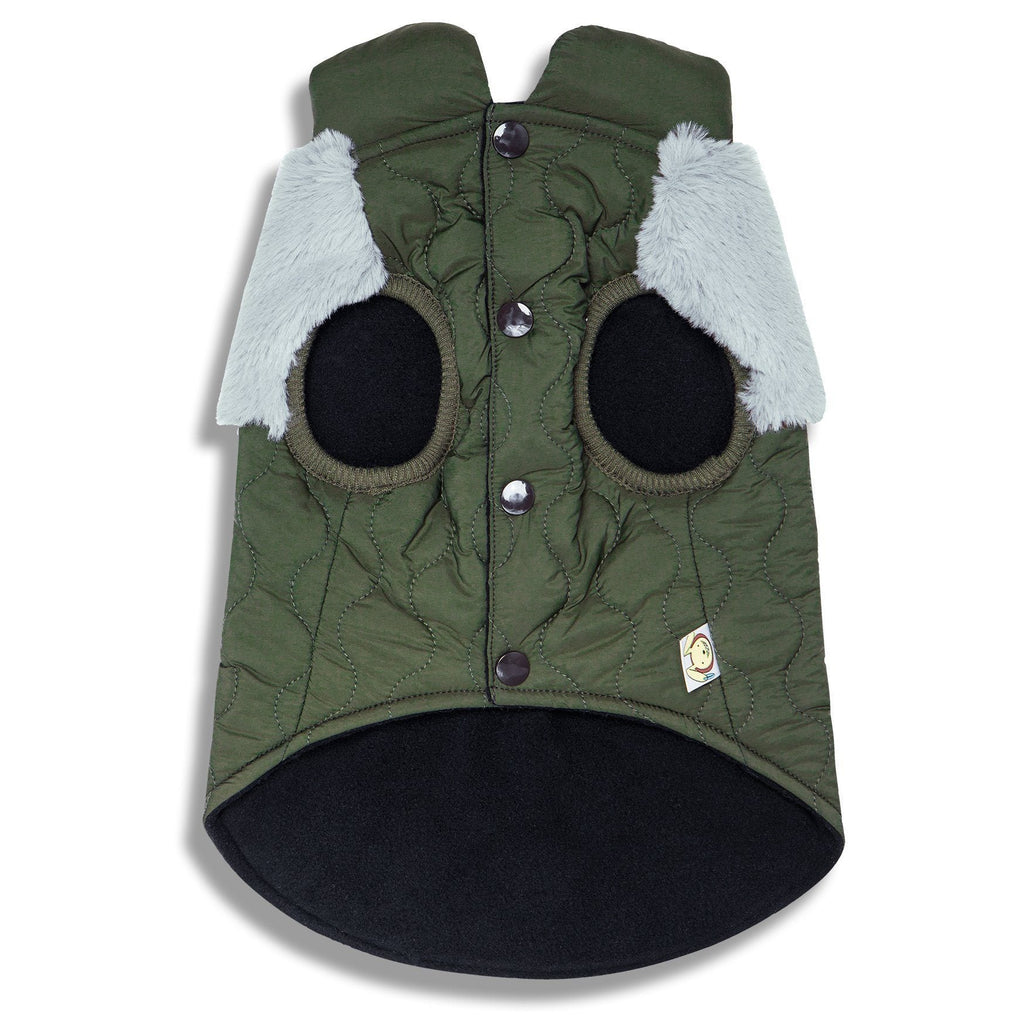 Dark green dog jacket with fluffy white side cuffs, button front, circular elbow patches