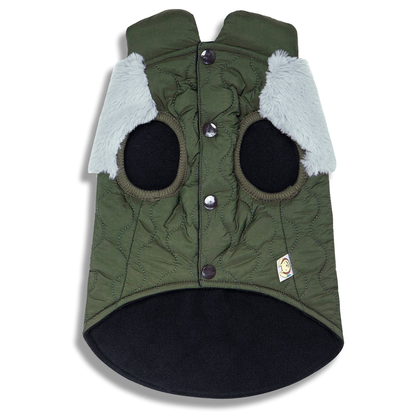 Dark green dog jacket with fluffy white side cuffs, button front, circular elbow patches
