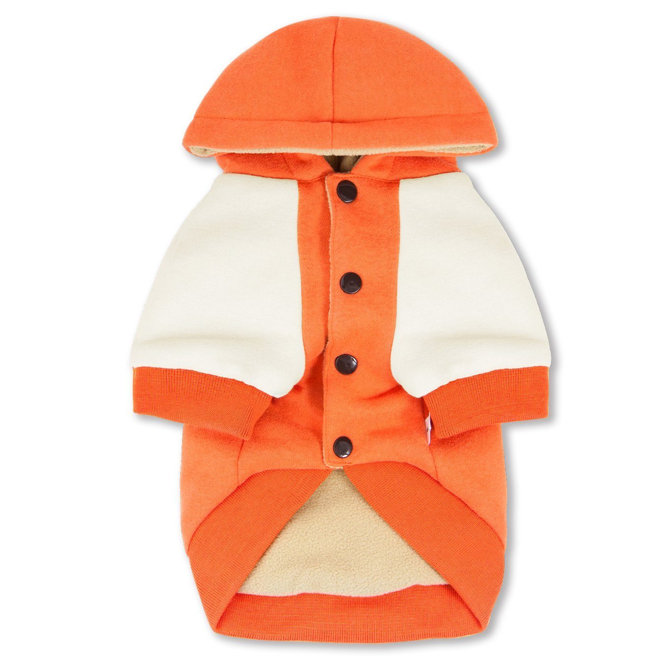 Orange dog hoodie sweater with hood, white side panels, snap-button front.