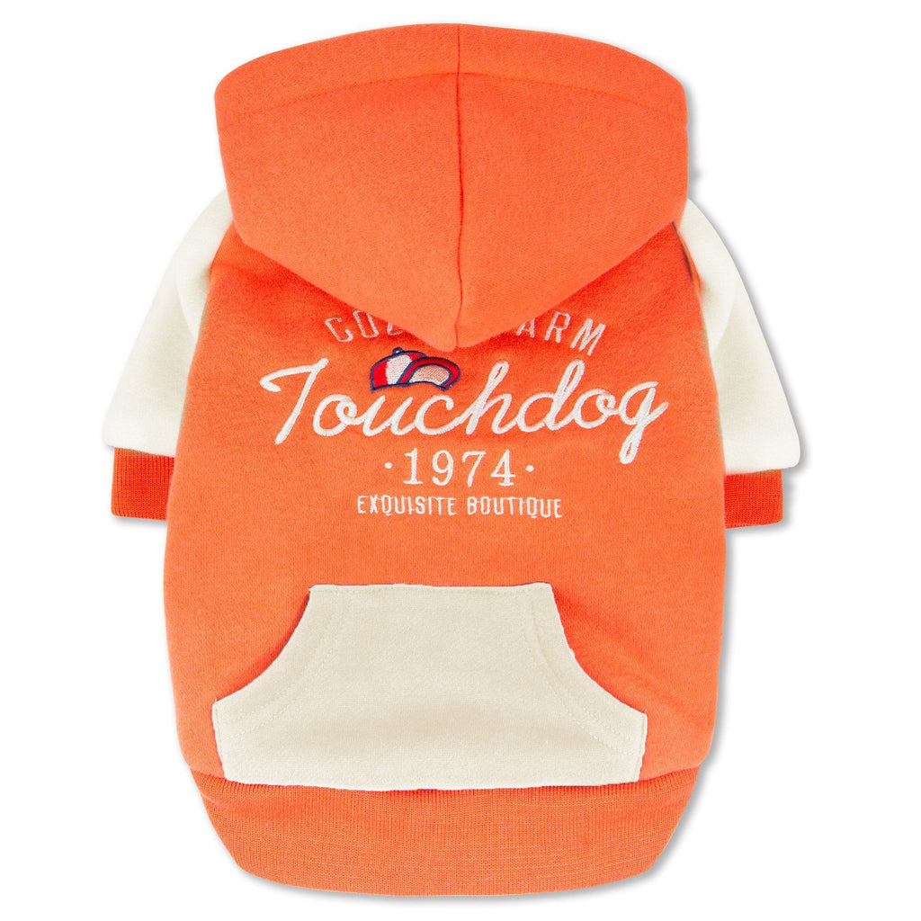 Orange soft-cotton dog hoodie sweater, hood up, back graphic and pocket.