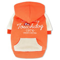 Orange soft-cotton dog hoodie sweater, hood up, back graphic and pocket.