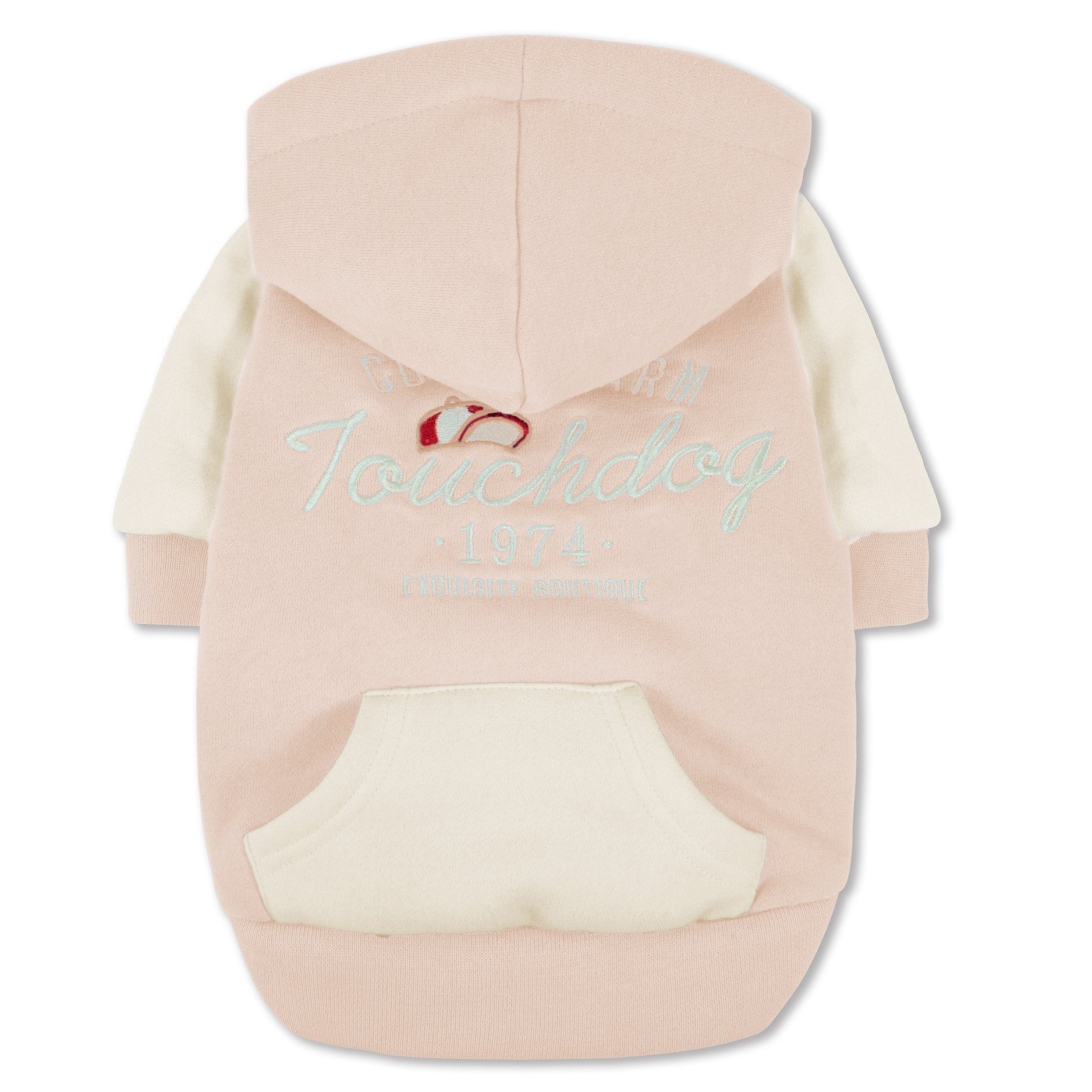 Light pink soft-cotton dog hoodie sweater, hood up, back logo graphic and pocket.