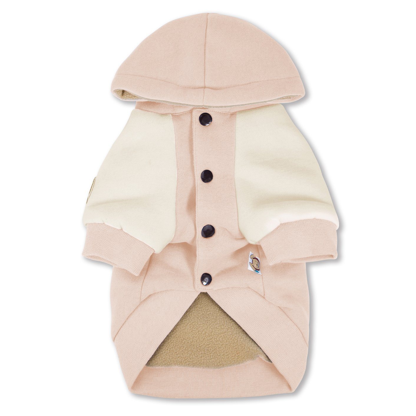 Light pink dog hoodie sweater with hood, snap-button front, cream side panels, back view.